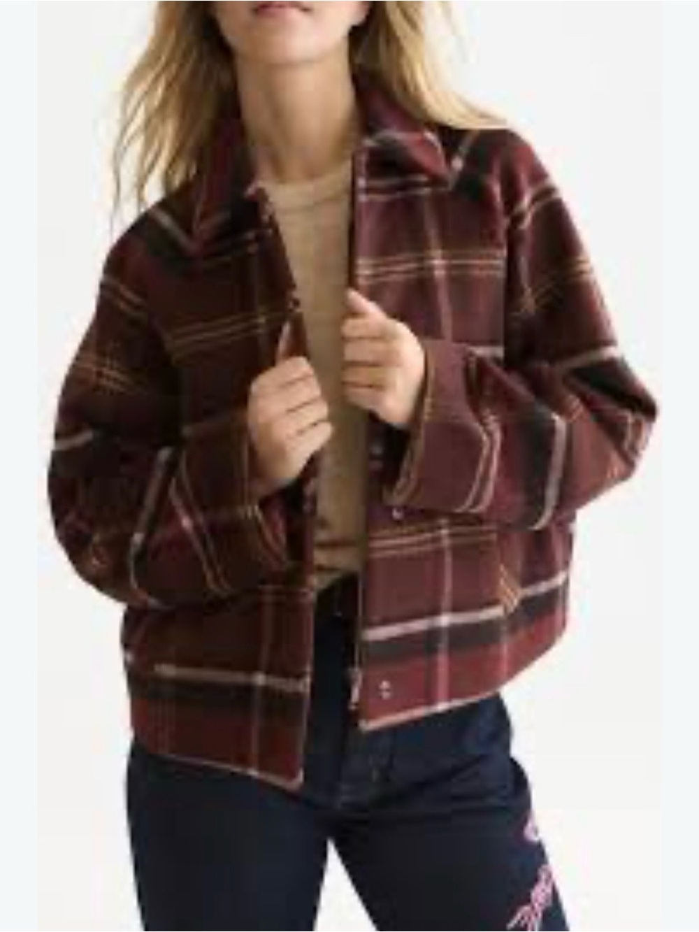 FIELD MANOR Wool Plaid Cardigan Shirt Jacket, brown